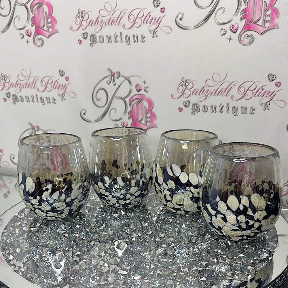 Set of 4 handblown glasses stemless spotted glass handmade Mexico 🇲🇽 drinks 🍹